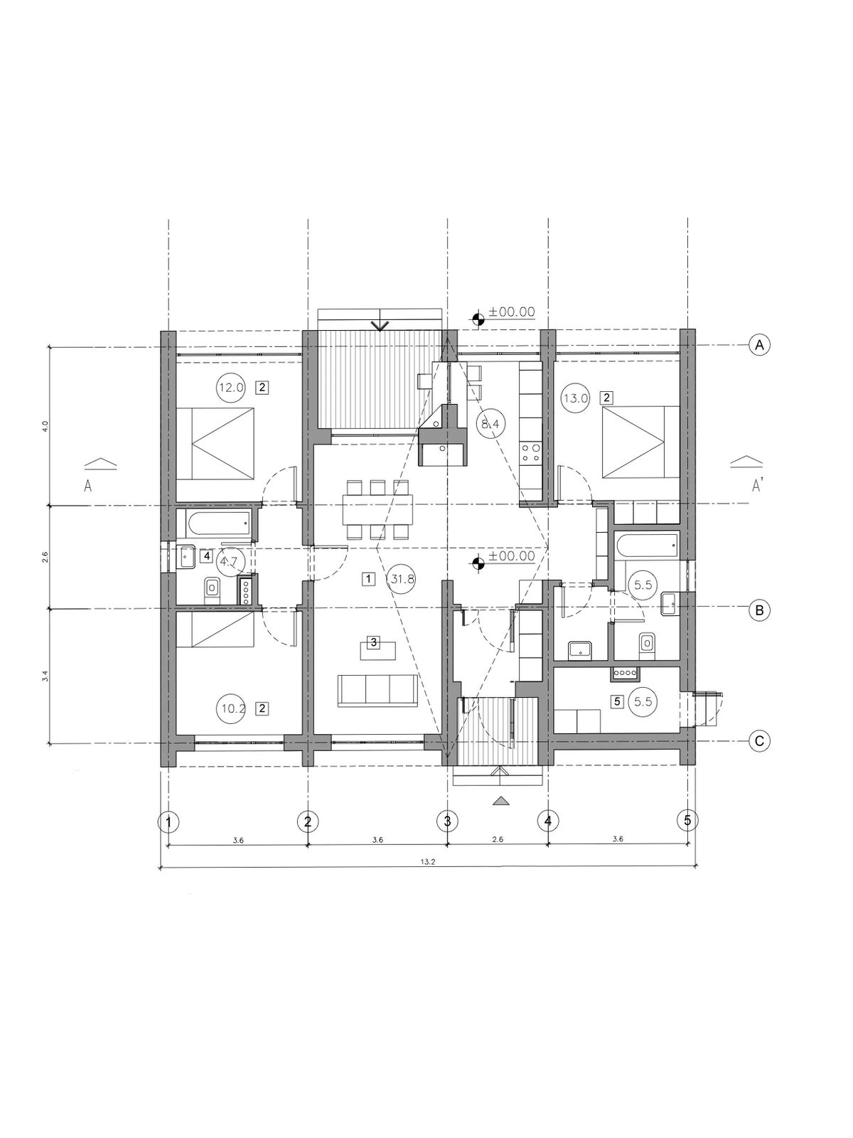 Floor plan of a three-bedroom villa with central living-dining room and two bathrooms