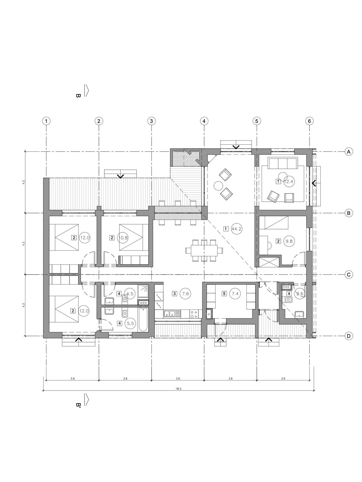 Floor plan of a larger villa with four bedrooms, open living-dining room and covered terrace