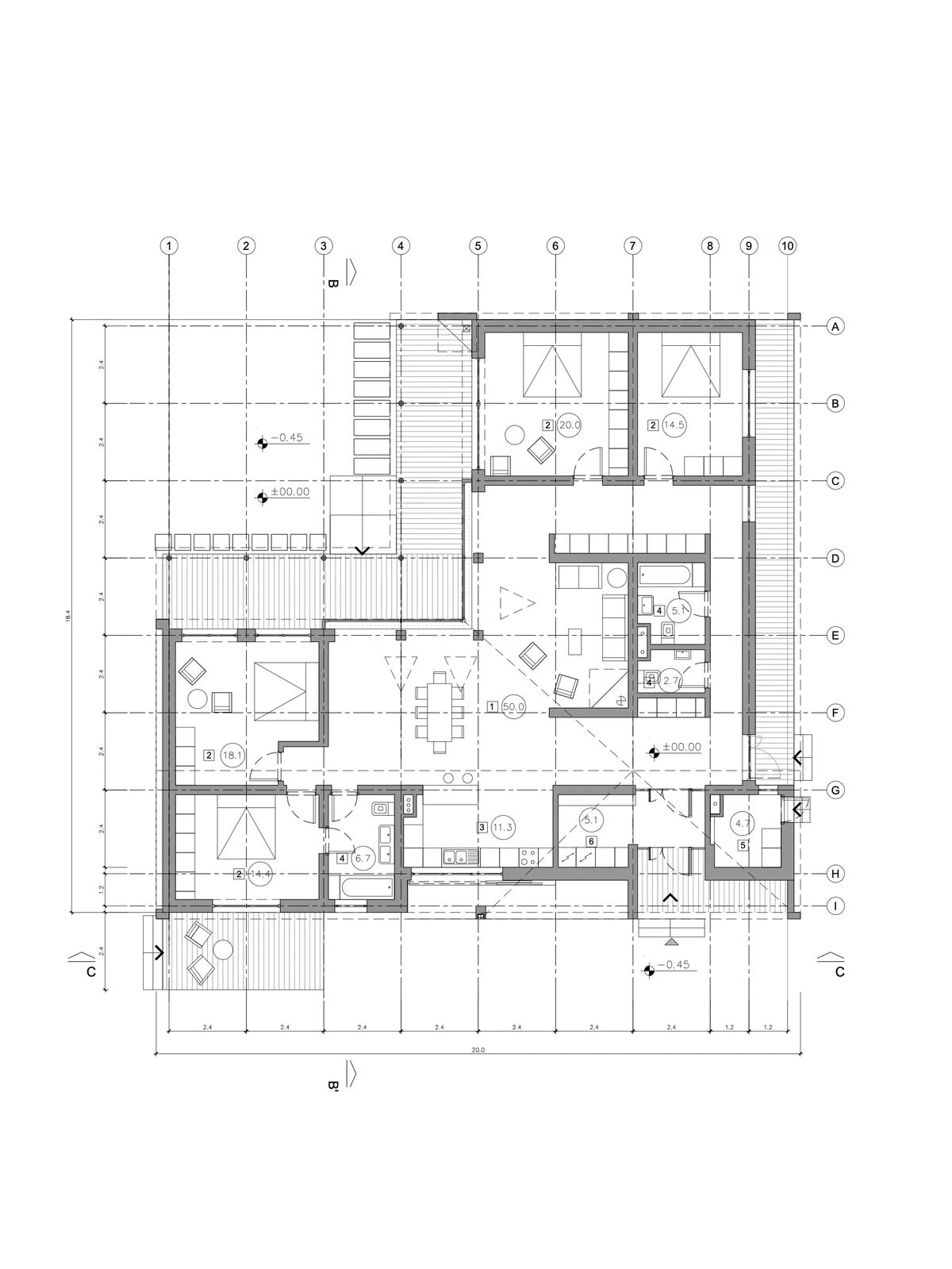 Floor plan of the largest villa typology with four bedrooms, a great room and L-shaped terrace