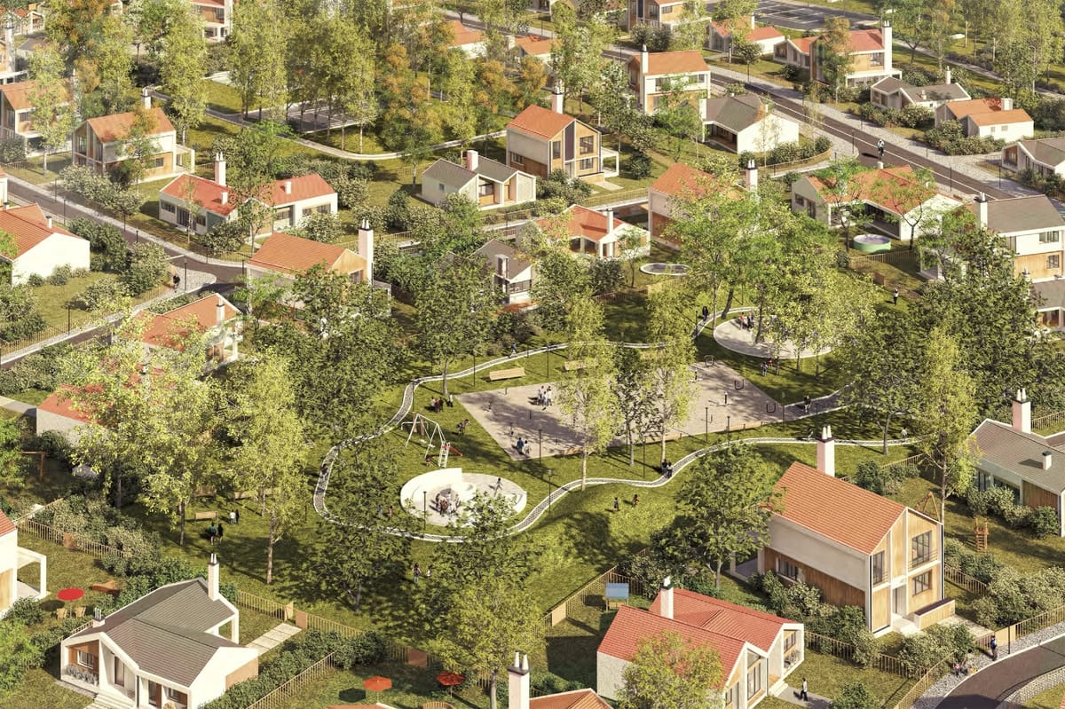 Aerial render of the Kotovo village with pitched-roof houses among trees around a park with play areas