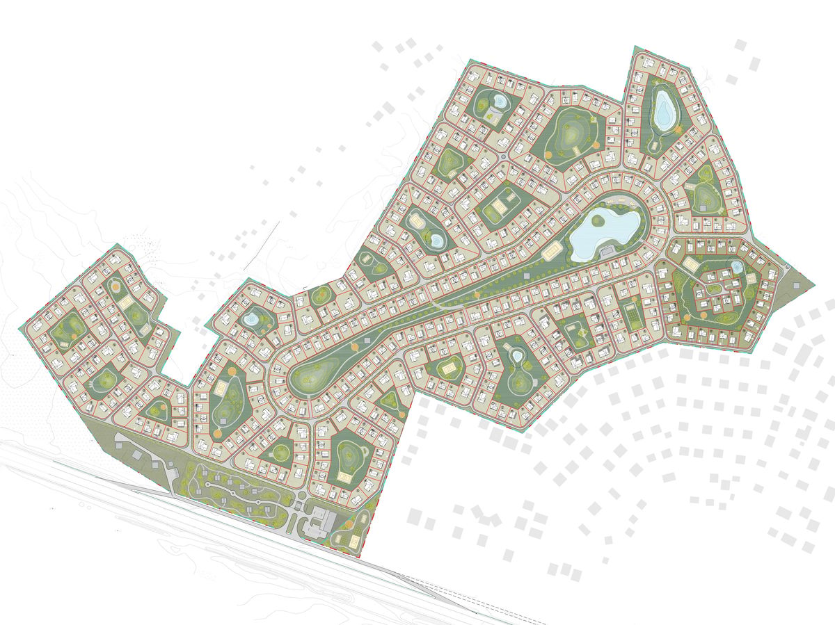 Masterplan of the Kotovo site with house plots along curving streets and green courtyards