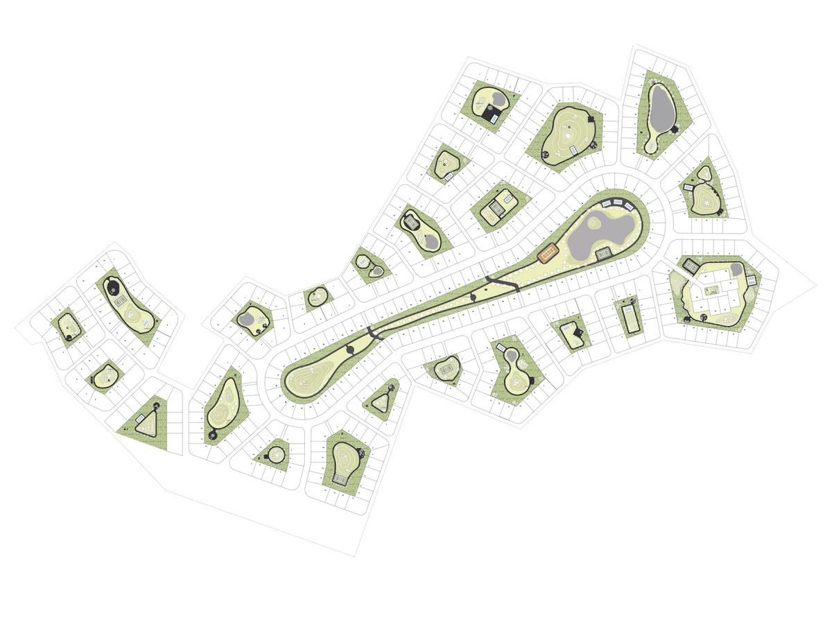 Landscape diagram of the green spine, pond and pocket parks within the Kotovo housing blocks
