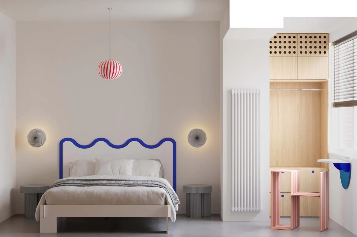 Rendered bedroom with a wavy blue headboard, striped pendant, pink chair and oak wardrobe niche
