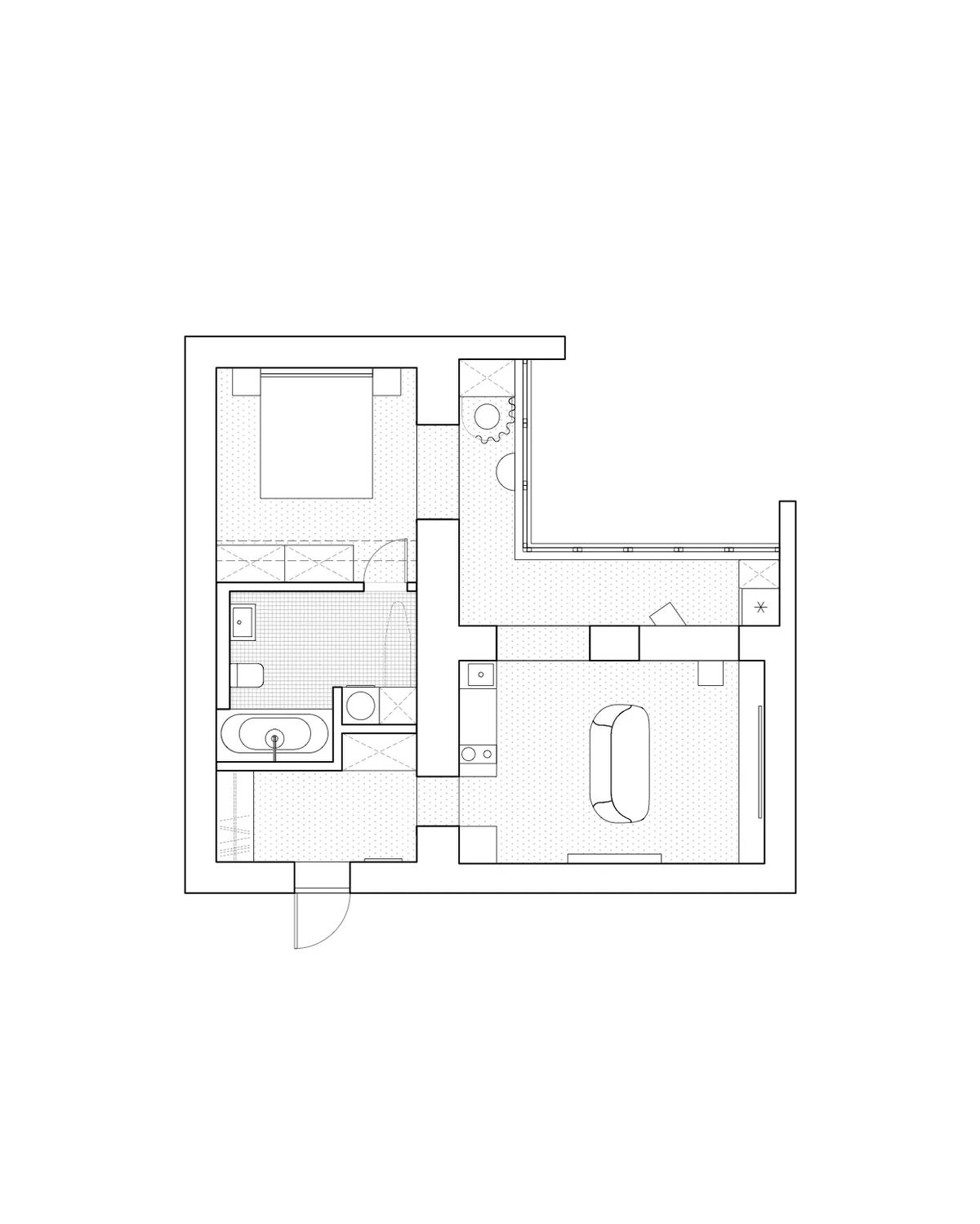 Floor plan of the ground-floor apartment showing bedroom, bathroom, corridor and living room with sofa