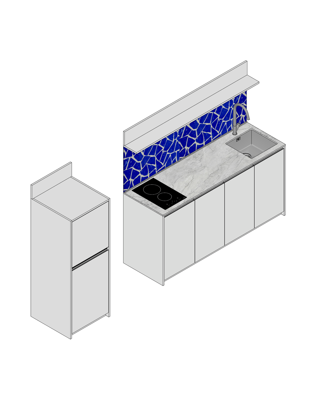 Axonometric drawing of a white kitchen unit with a blue mosaic backsplash, marble top and tall fridge