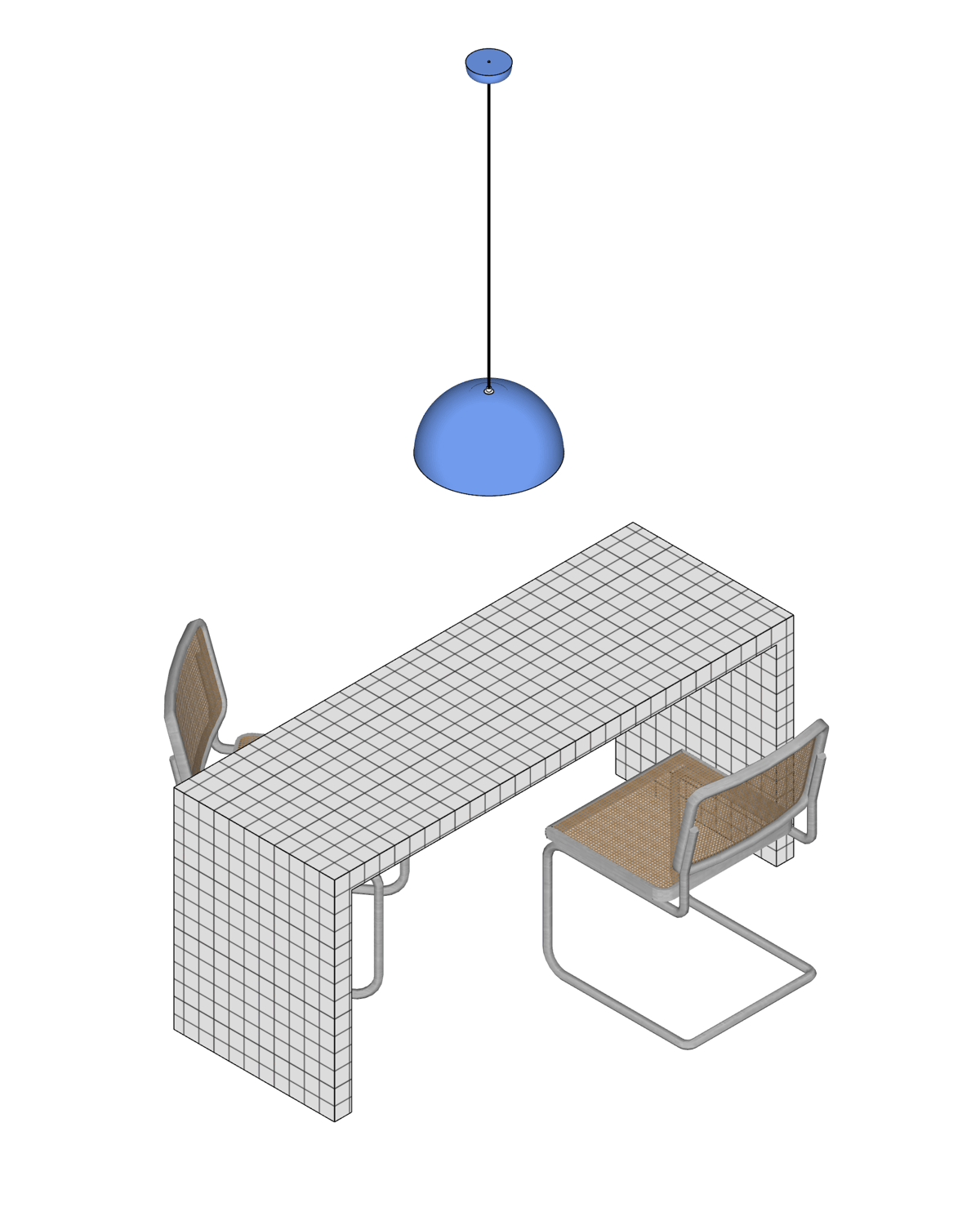 Axonometric drawing of a white grid-tiled desk with two cane cantilever chairs and a blue dome pendant