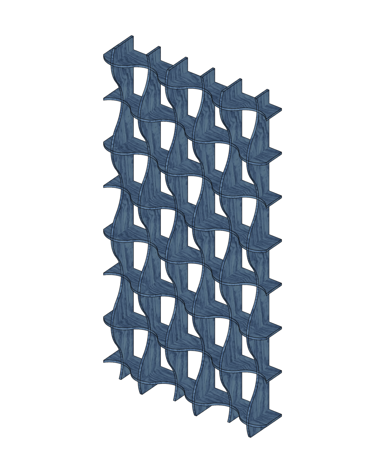 Axonometric drawing of a blue wooden shelving lattice made of wavy interlocking panels