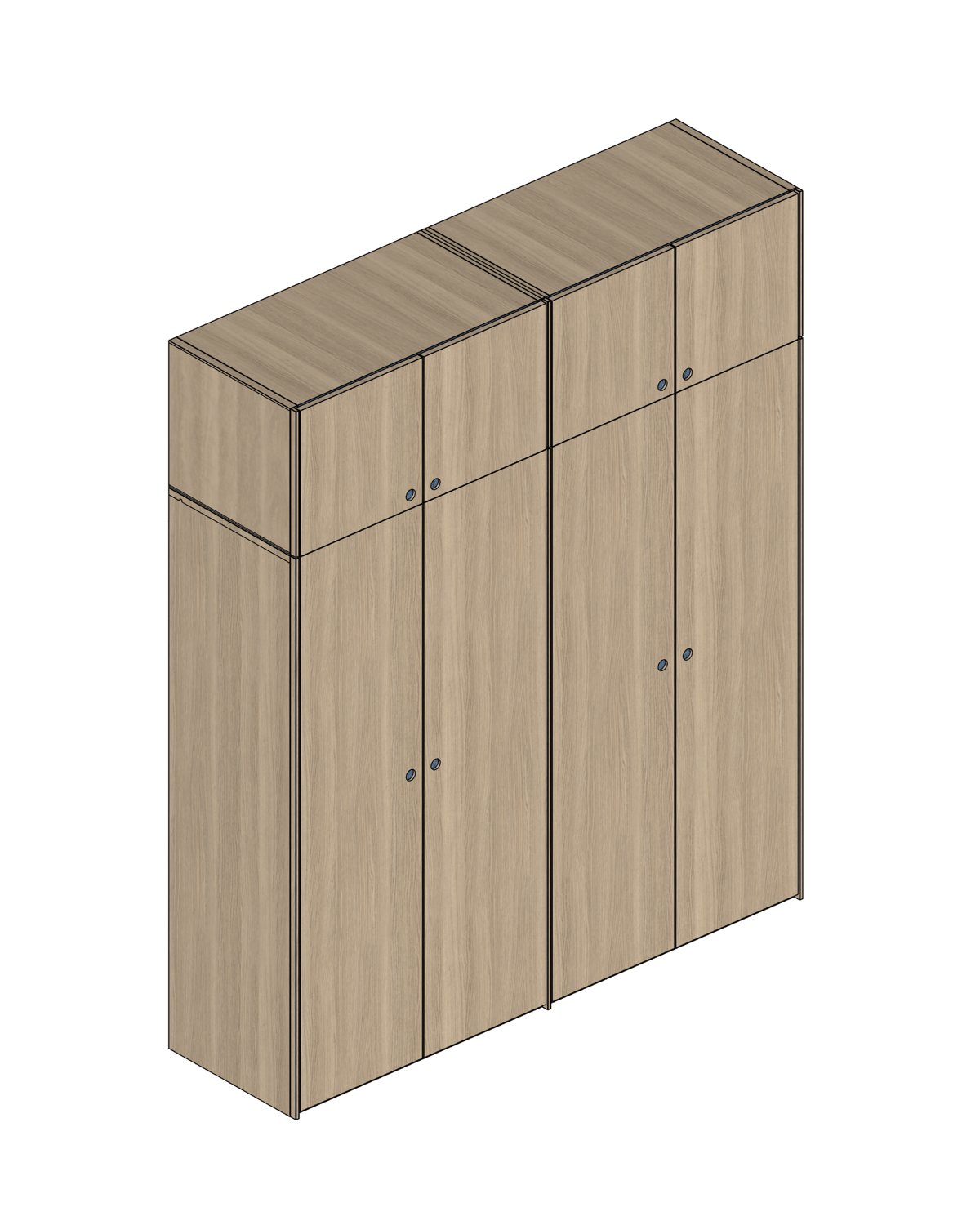 Axonometric drawing of a tall light oak wardrobe with four doors and top cupboards
