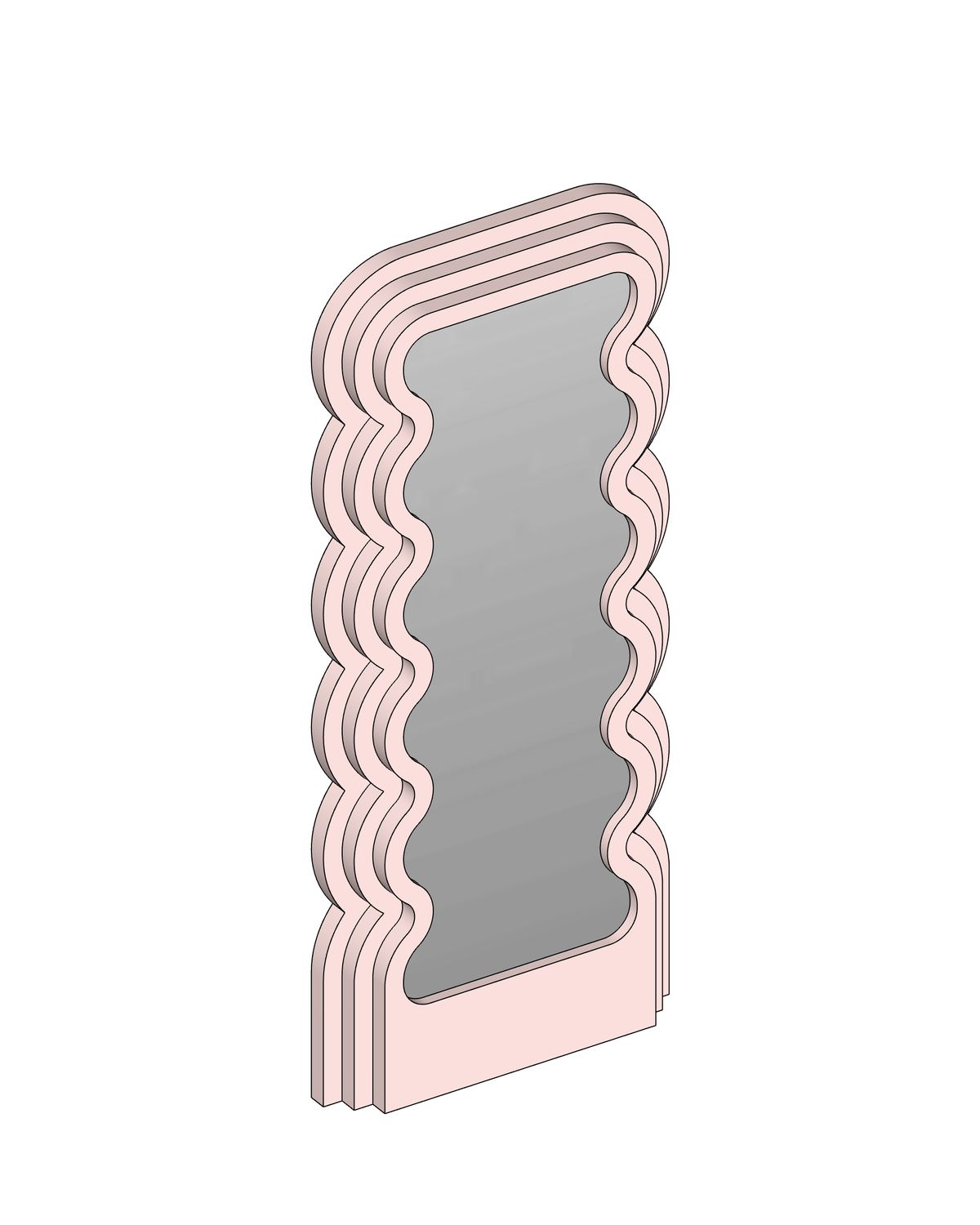 Axonometric drawing of a free-standing mirror with a layered pale pink wavy frame