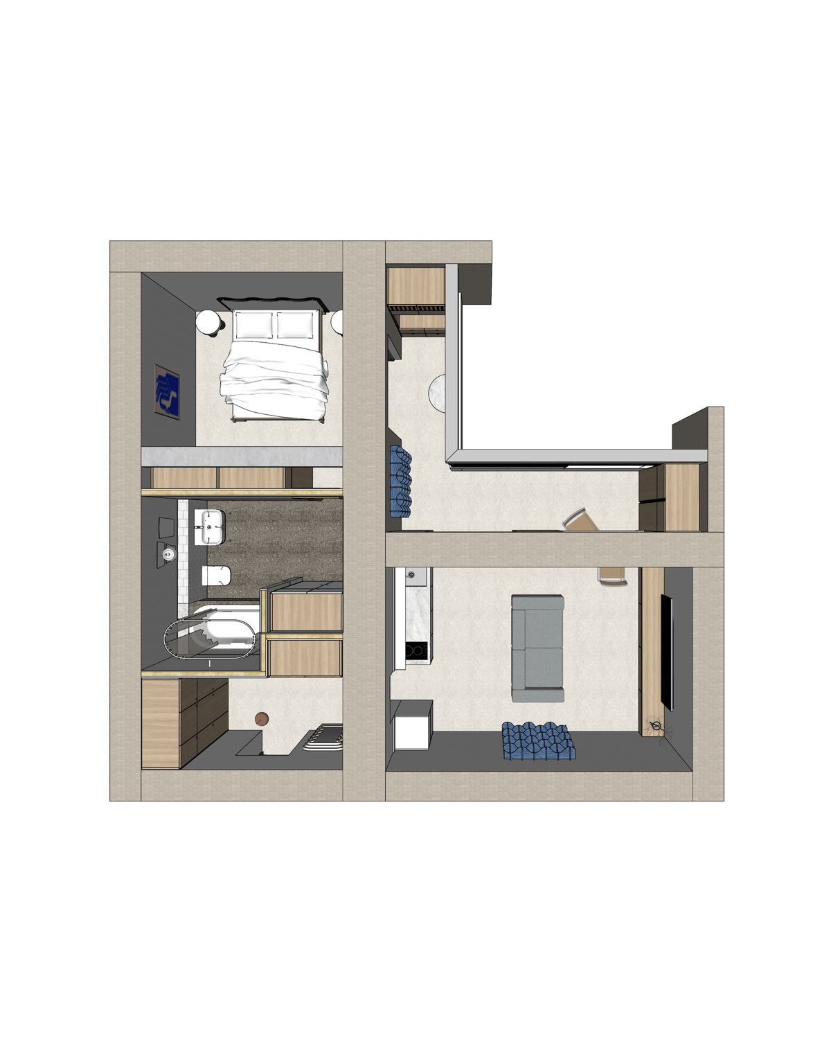 Rendered top-down cutaway plan of the apartment with furnished bedroom, bathroom, kitchen and living room
