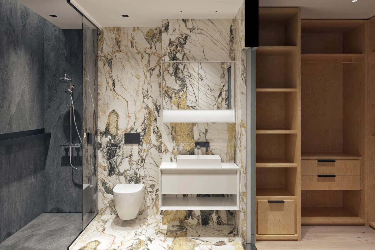 Render of a bathroom clad in gold-veined marble with walk-in shower, floating vanity and open wardrobe