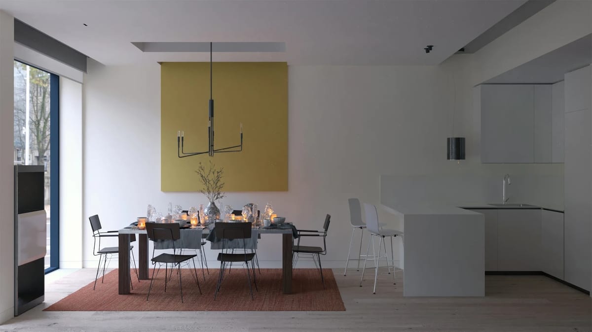 Render of a dining area with dark wood table, candlelit setting, mustard wall panel and white kitchen