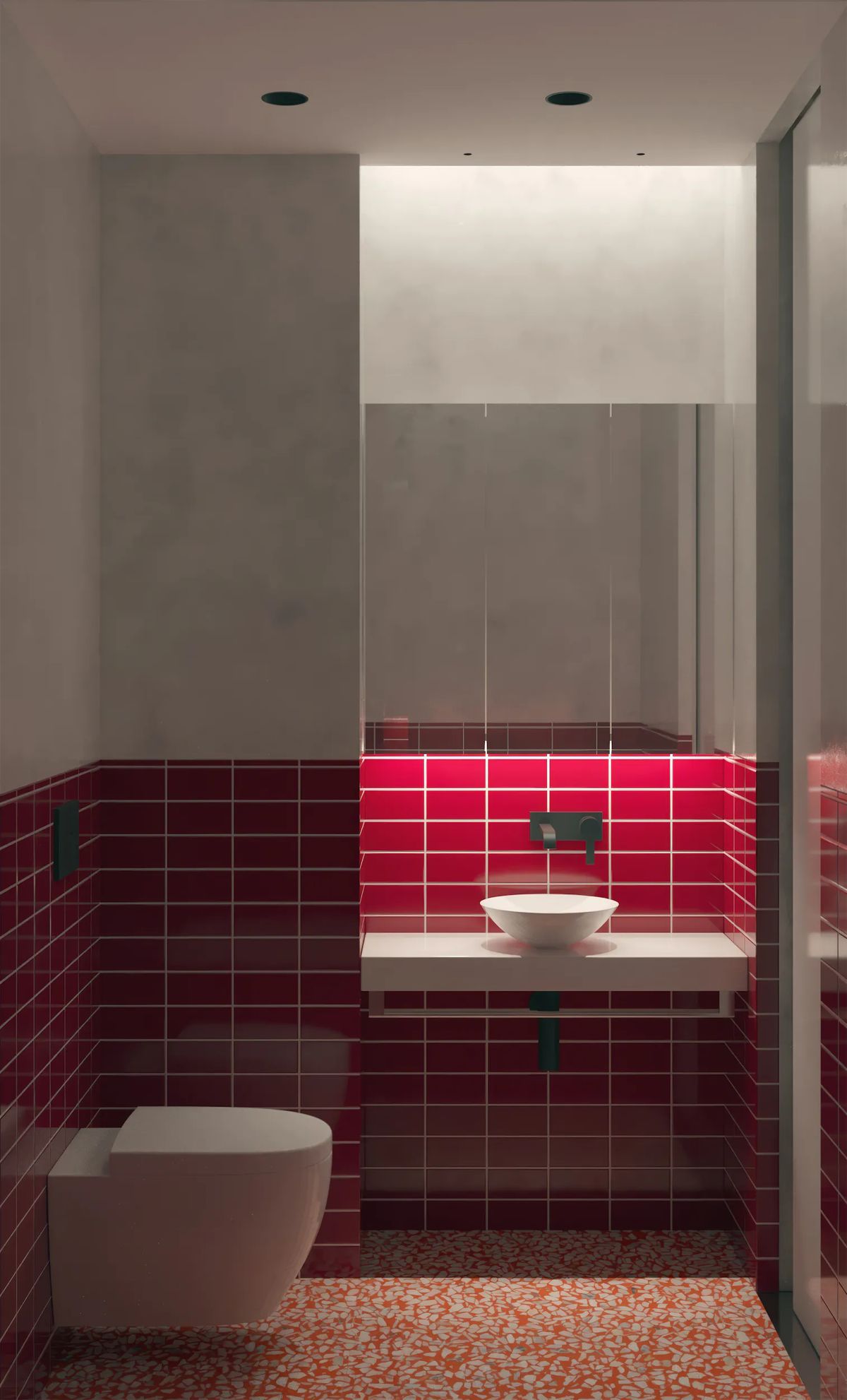 Render of a guest WC with crimson wall tiles, vessel basin, mirrored cabinet and terrazzo floor