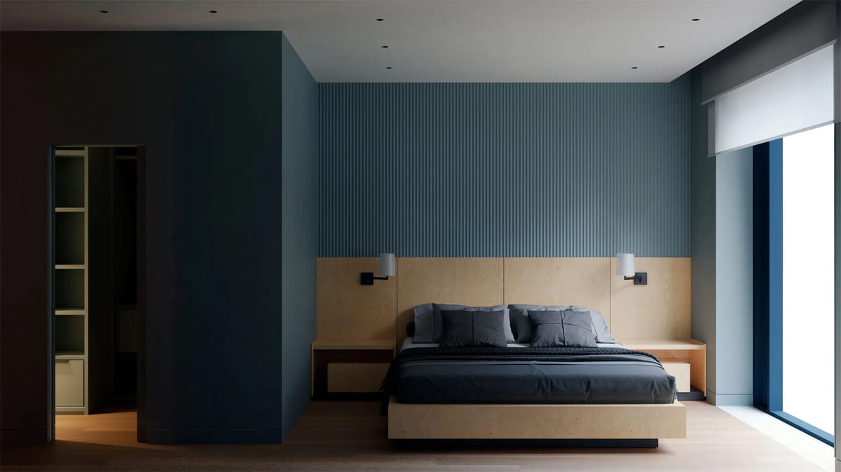 Render of a bedroom with blue fluted wall, plywood headboard, dark bedding and a walk-in closet