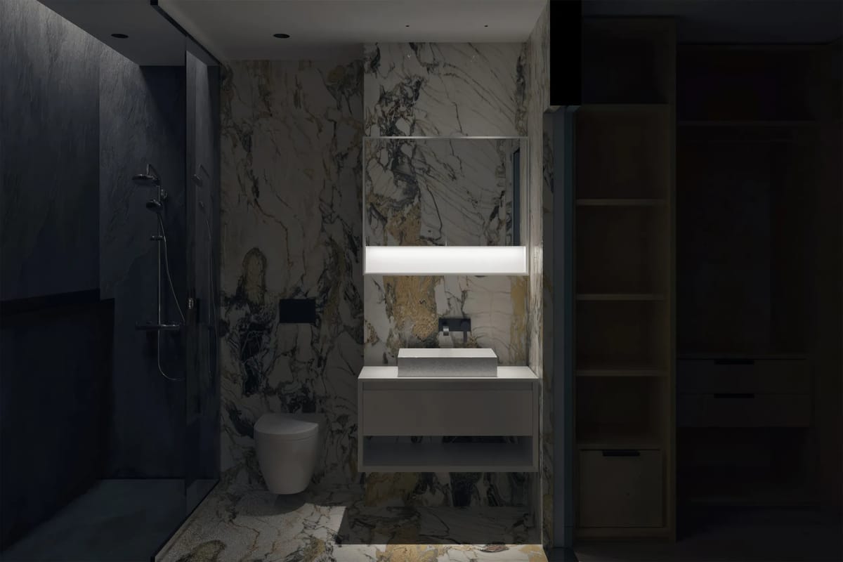 Render of the marble bathroom in evening light with an illuminated mirror above the vanity