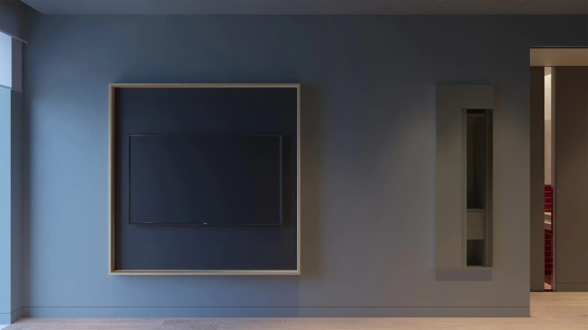 Render of a blue-grey wall with a framed television panel and a narrow mirrored niche