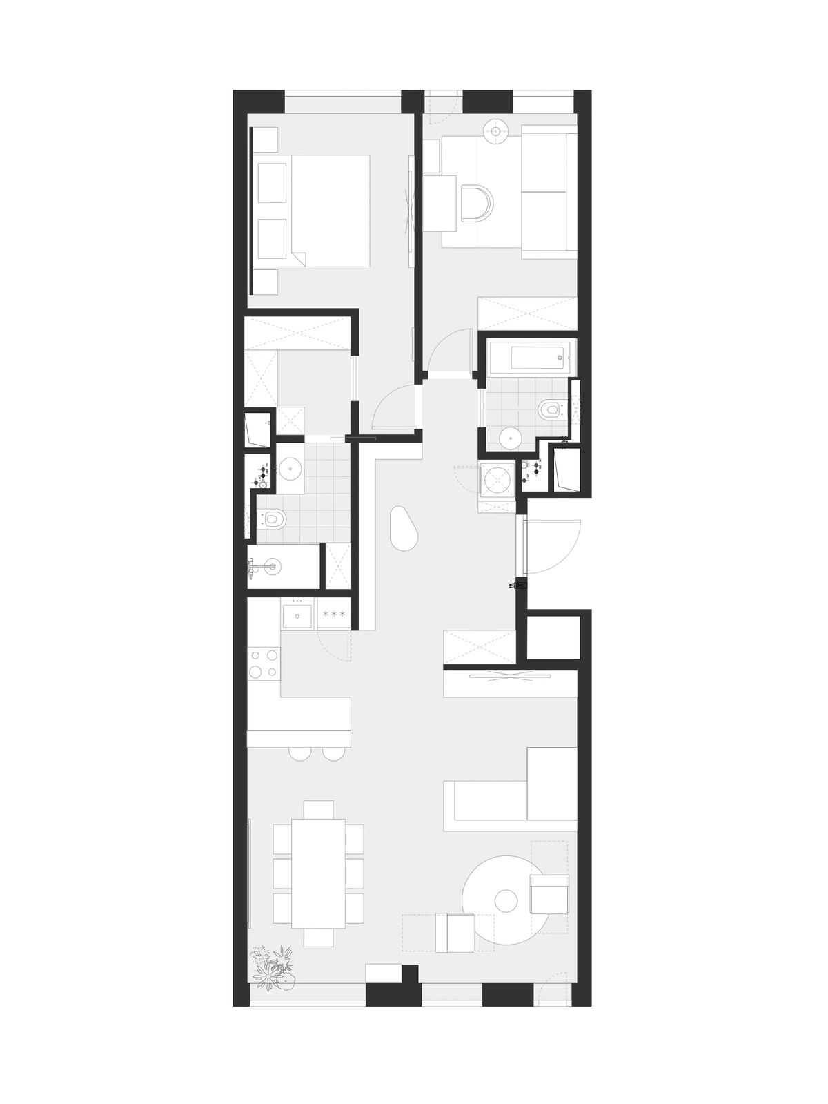Floor plan of the elongated apartment with two bedrooms, bathrooms and an open living-kitchen