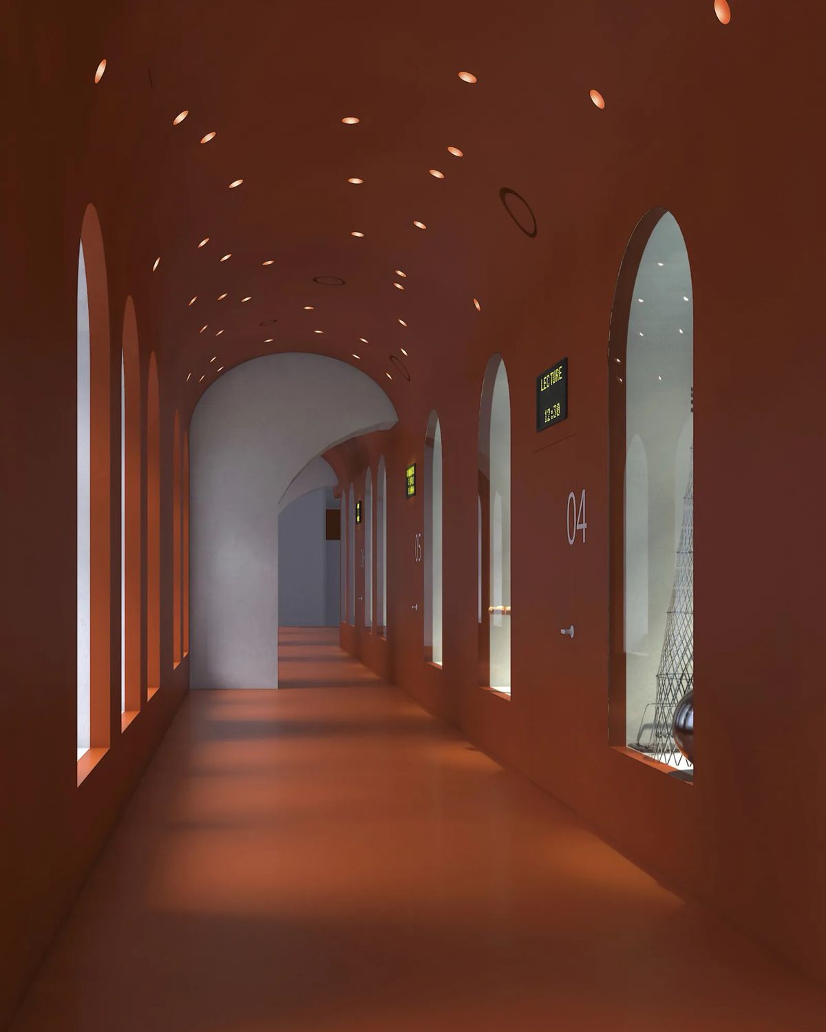Render of a terracotta vaulted corridor with arched display windows and pinpoint ceiling lights