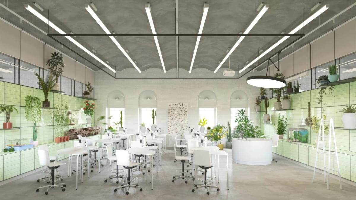 Render of a biology lab with green tiled walls, plants on shelves and white stools at high tables