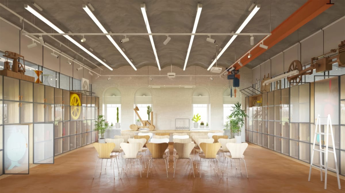 Render of a mechanics lab with wooden machine models on glass cabinets and plywood chairs at tables