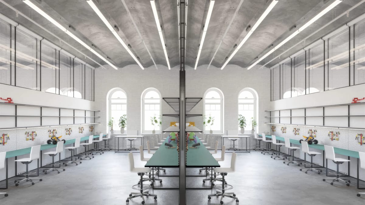 Render of a symmetrical workshop with long teal workbenches, white stools and arched windows