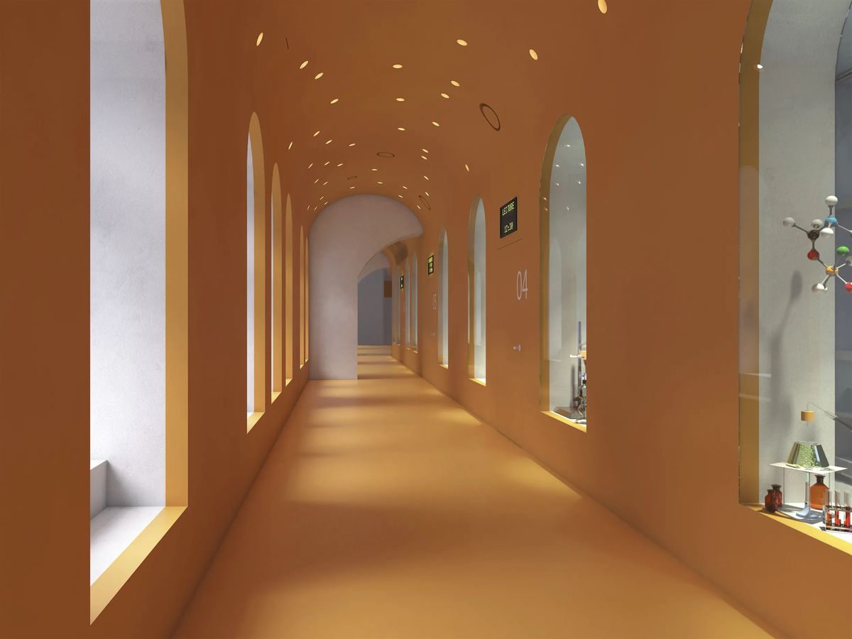 Render of an ochre arched corridor with windows onto lab equipment and molecular models