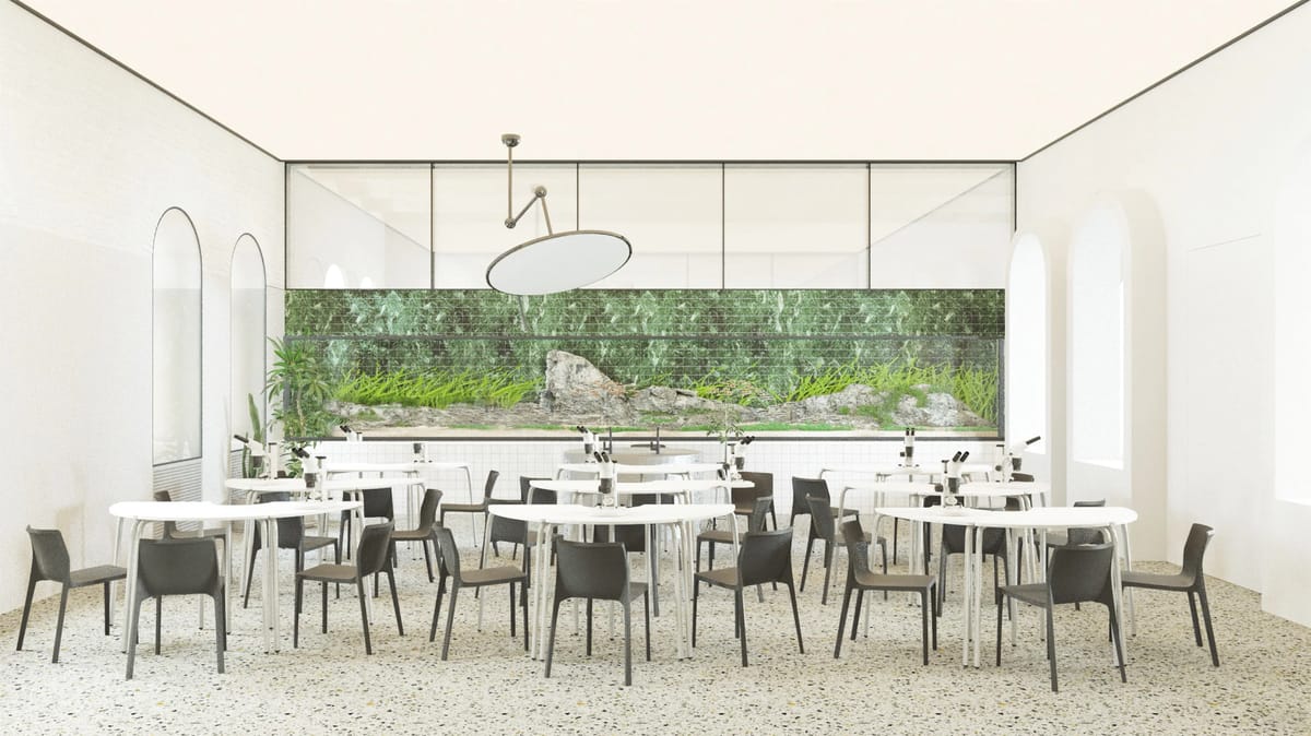Render of a white café with dark chairs, round tables and a mossy green wall behind glass