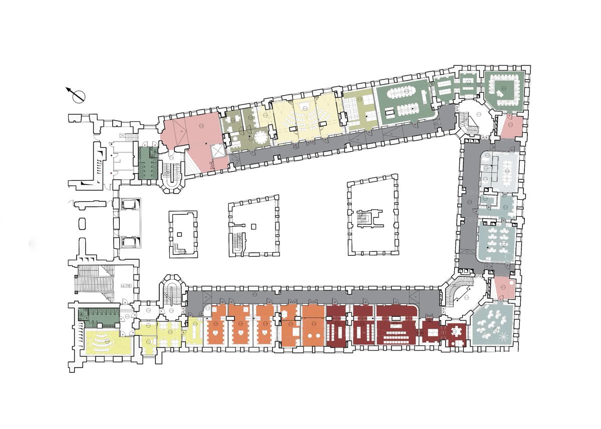 Colour-coded floor plan of the laboratory zones ringing the museum courtyard