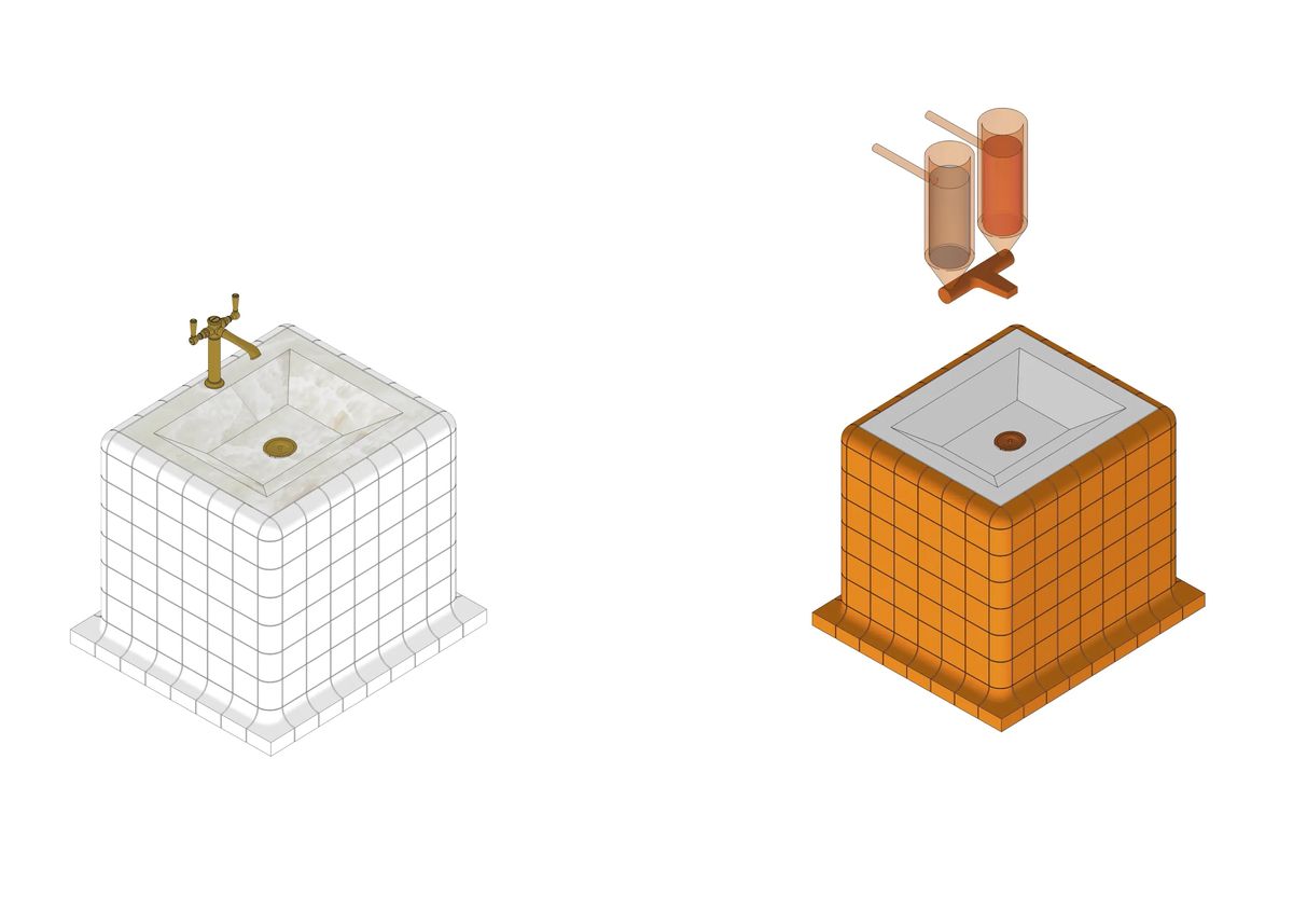 Axonometric drawings of a tiled cube sink in white with brass tap and in orange with flasks