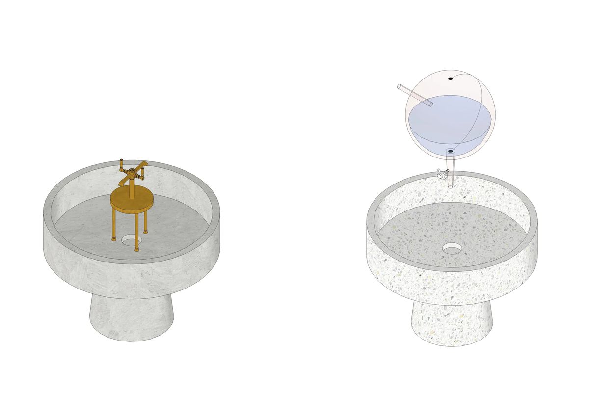 Drawings of a pedestal terrazzo basin with a brass fitting and a variant with a glass water sphere