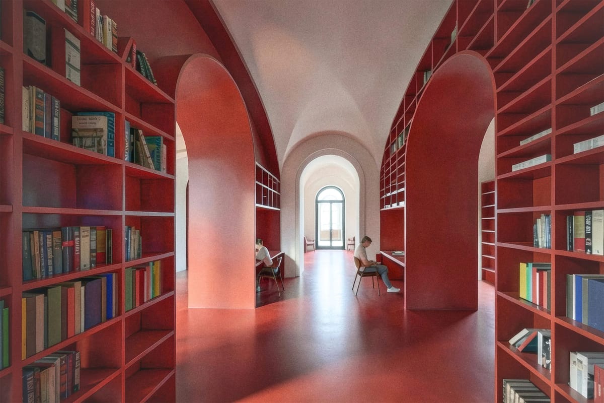 Vaulted enfilade of red arched bookcases with readers at built-in desks on a glossy red floor