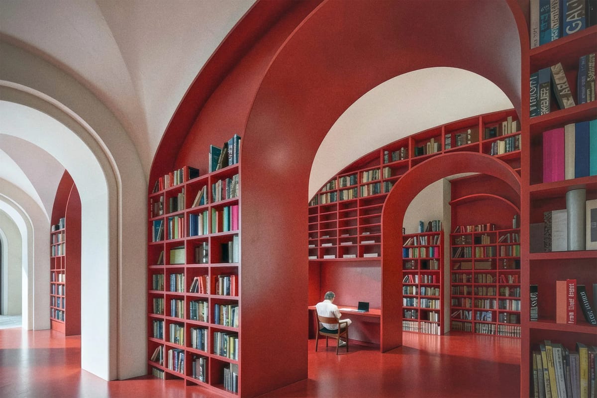 Red arches lined with bookshelves under white vaults, a reader at a desk set into the shelving