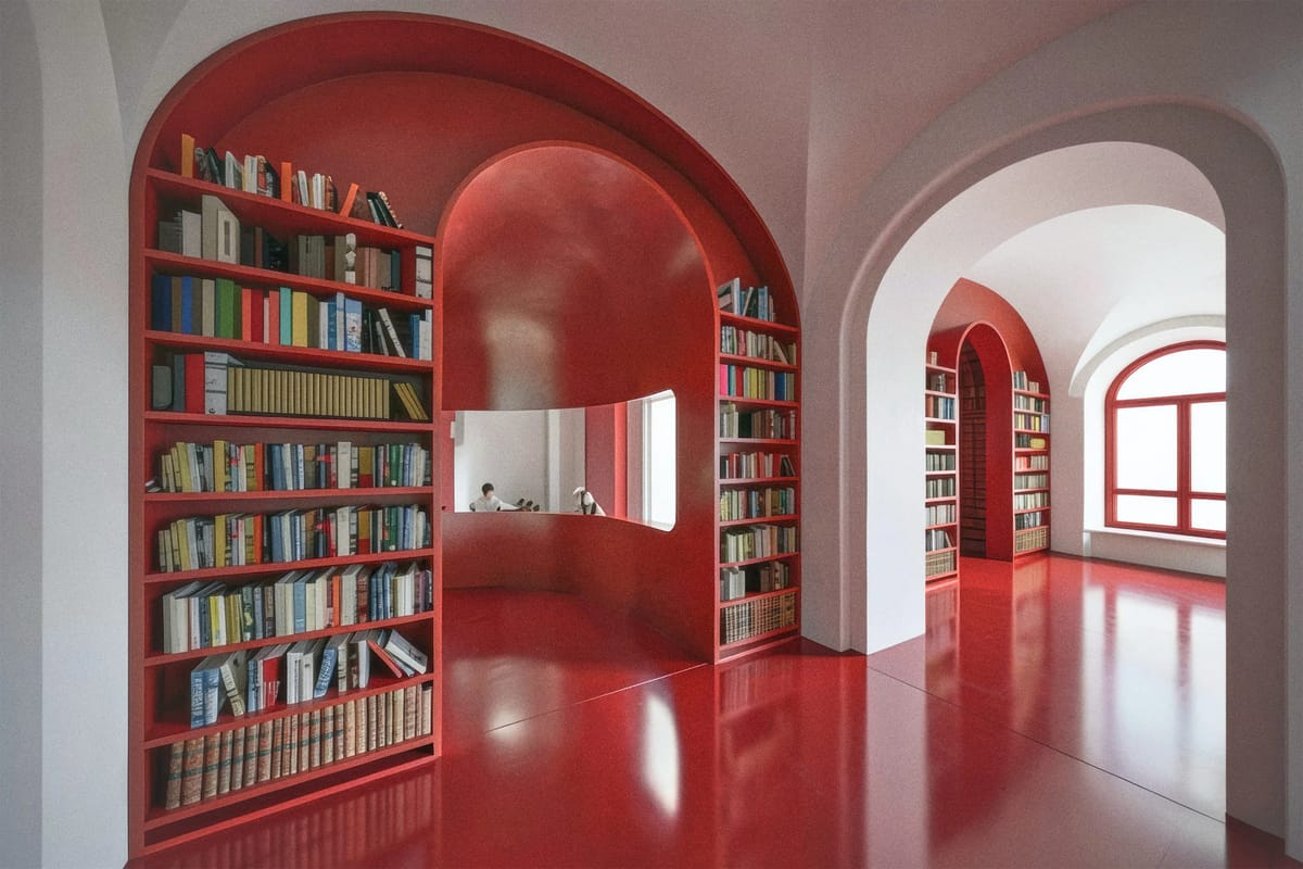 Red arched bookcase with a desk window cut through it, beside a white archway and a red-framed window