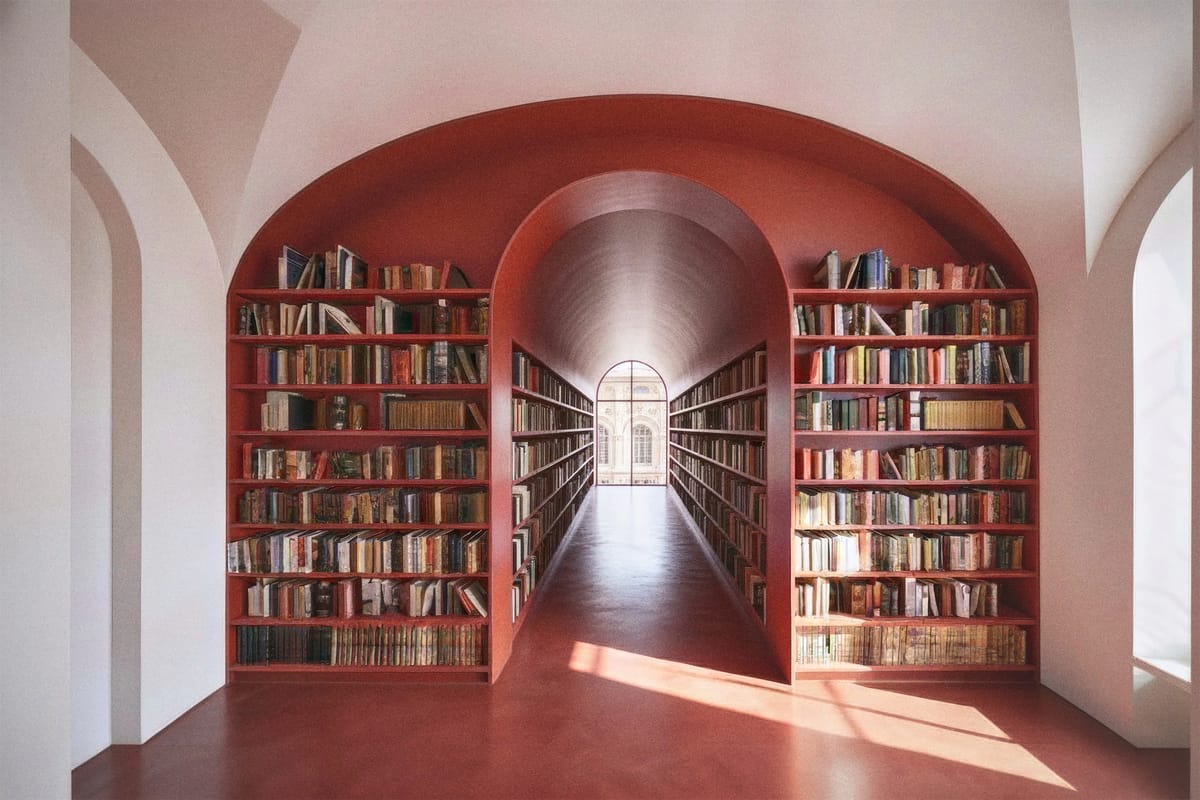 Red book tunnel running through an arched wall of shelves, sunlight falling across the red floor