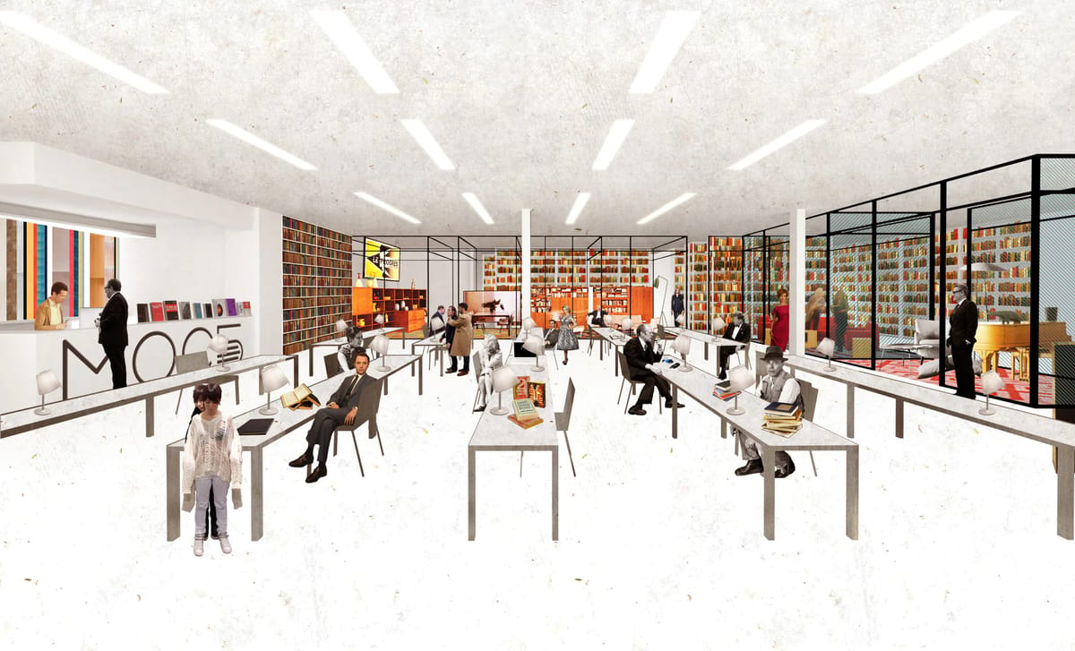 Collage of a white reading hall with long tables, desk lamps, glass rooms and colourful bookshelves