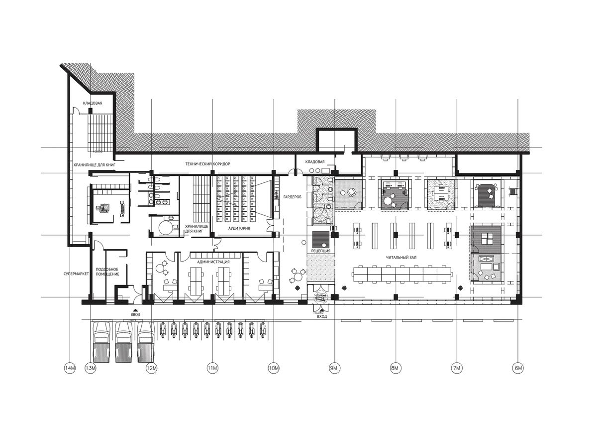 Floor plan of the library with reading hall, auditorium, offices and book storage along the street