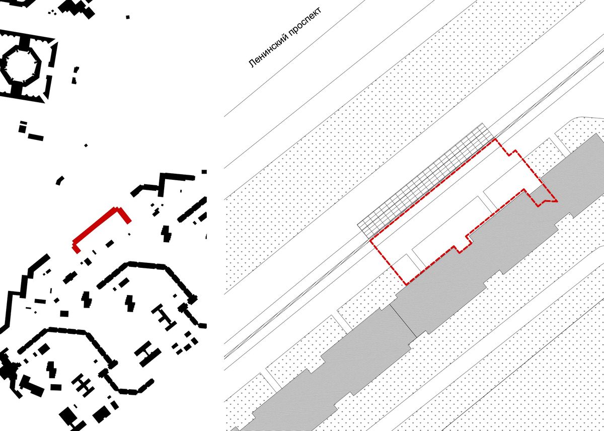 Site plan and figure-ground map marking the library in red along Leninsky Prospekt