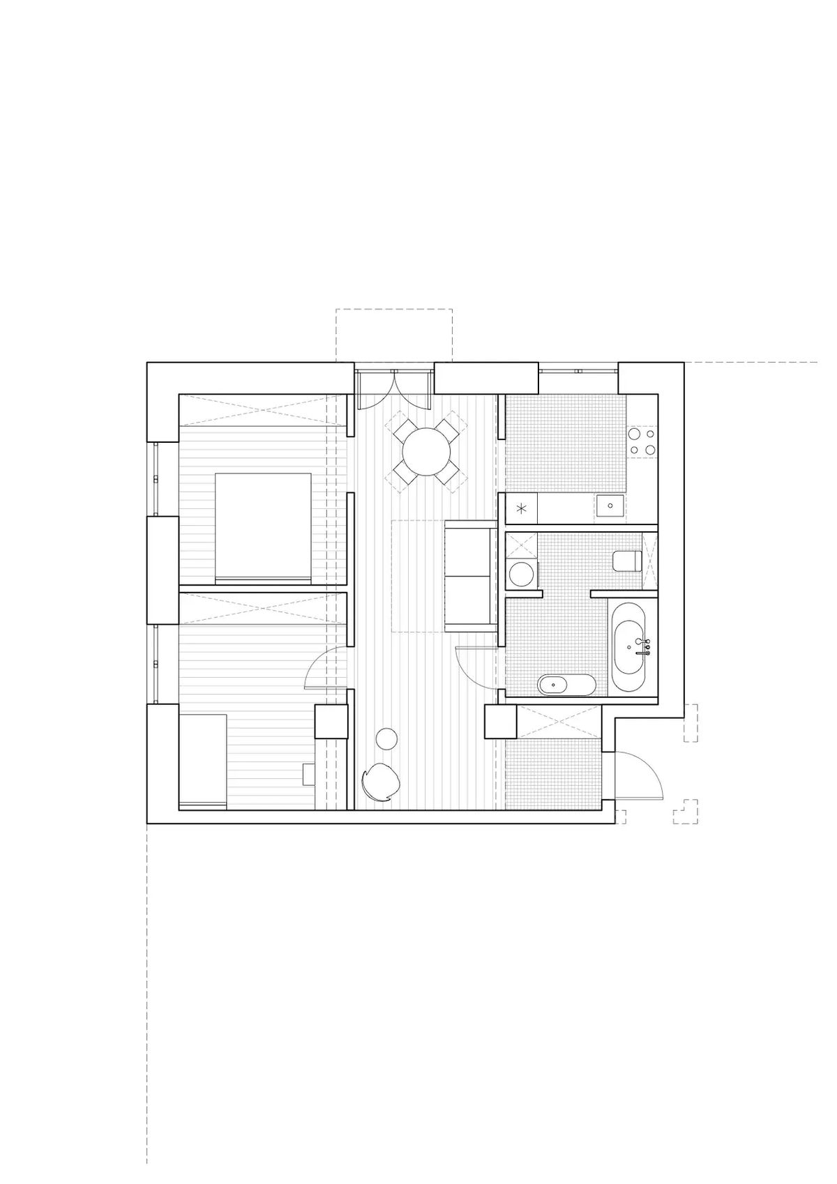 Black and white floor plan of a two-bedroom apartment with a central living area, kitchen and bathroom