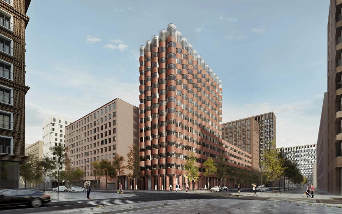 Street-level render of a tall terracotta tower with rounded glazed bays among new city blocks