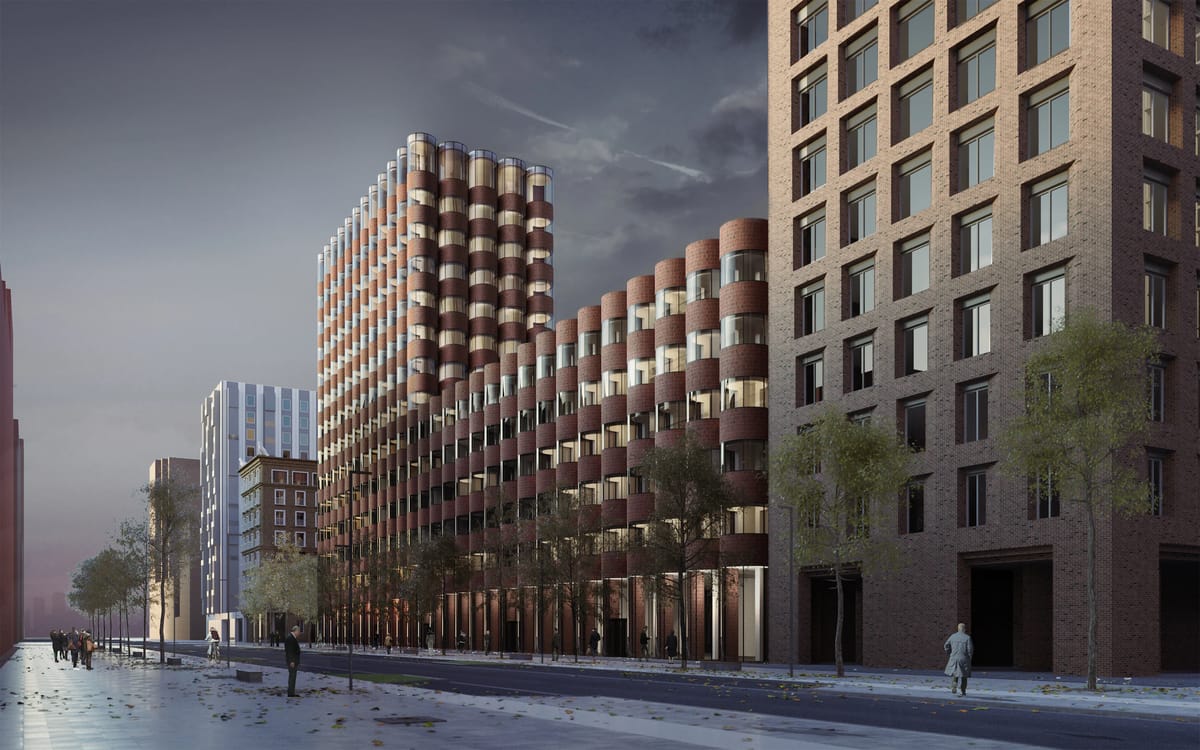 Dusk render of brick housing blocks with curved bay windows lining a tree-planted street