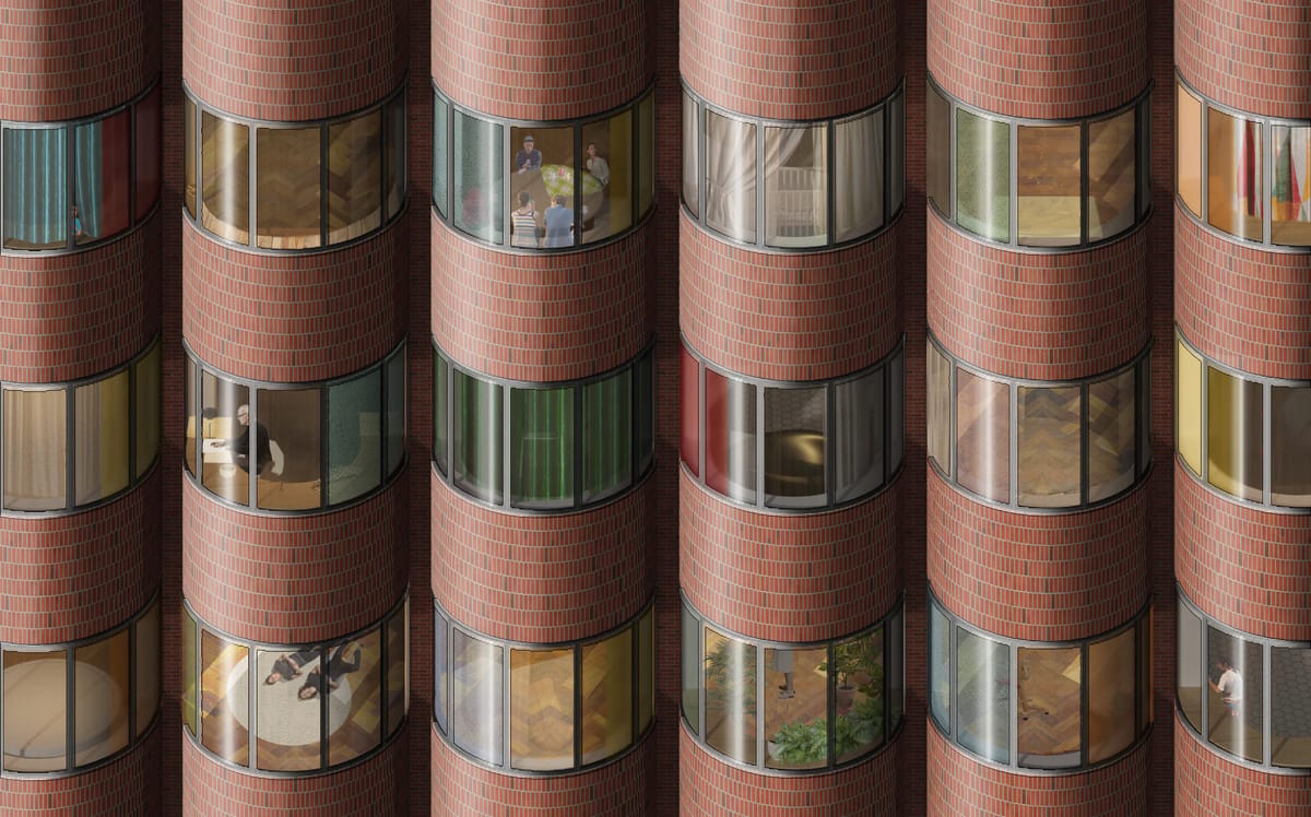 Render of a brick facade with cylindrical bays, curved windows revealing lived-in interiors