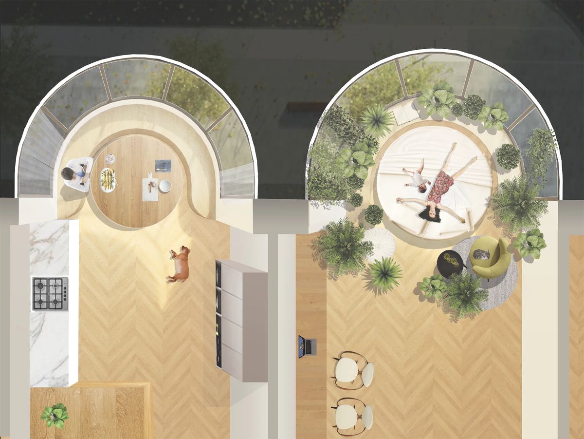Top-down render of two apartments opening into round glazed bays, one a dining nook, one a planted lounge