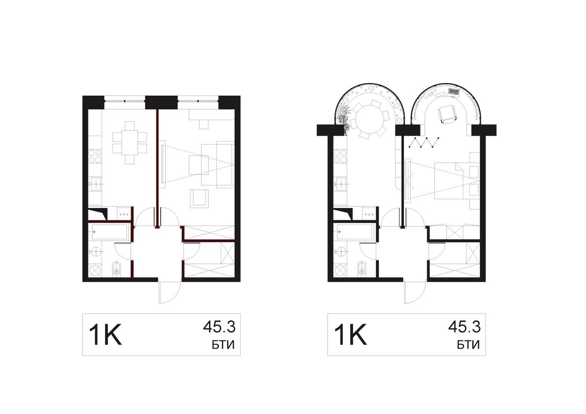 Two one-bedroom floor plans compared, the second extended with two semicircular glazed bays