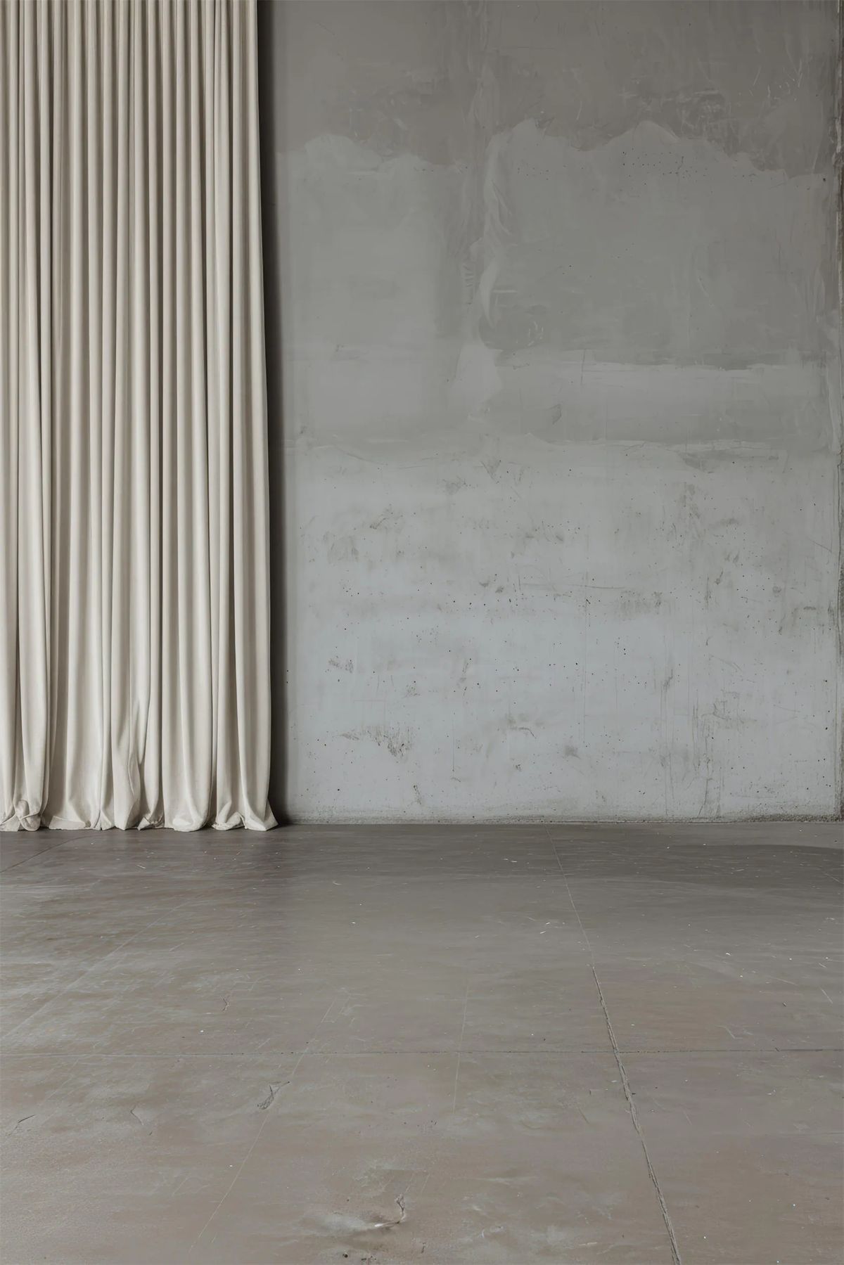 Render of an ivory floor-length curtain beside a stained concrete wall and grey floor