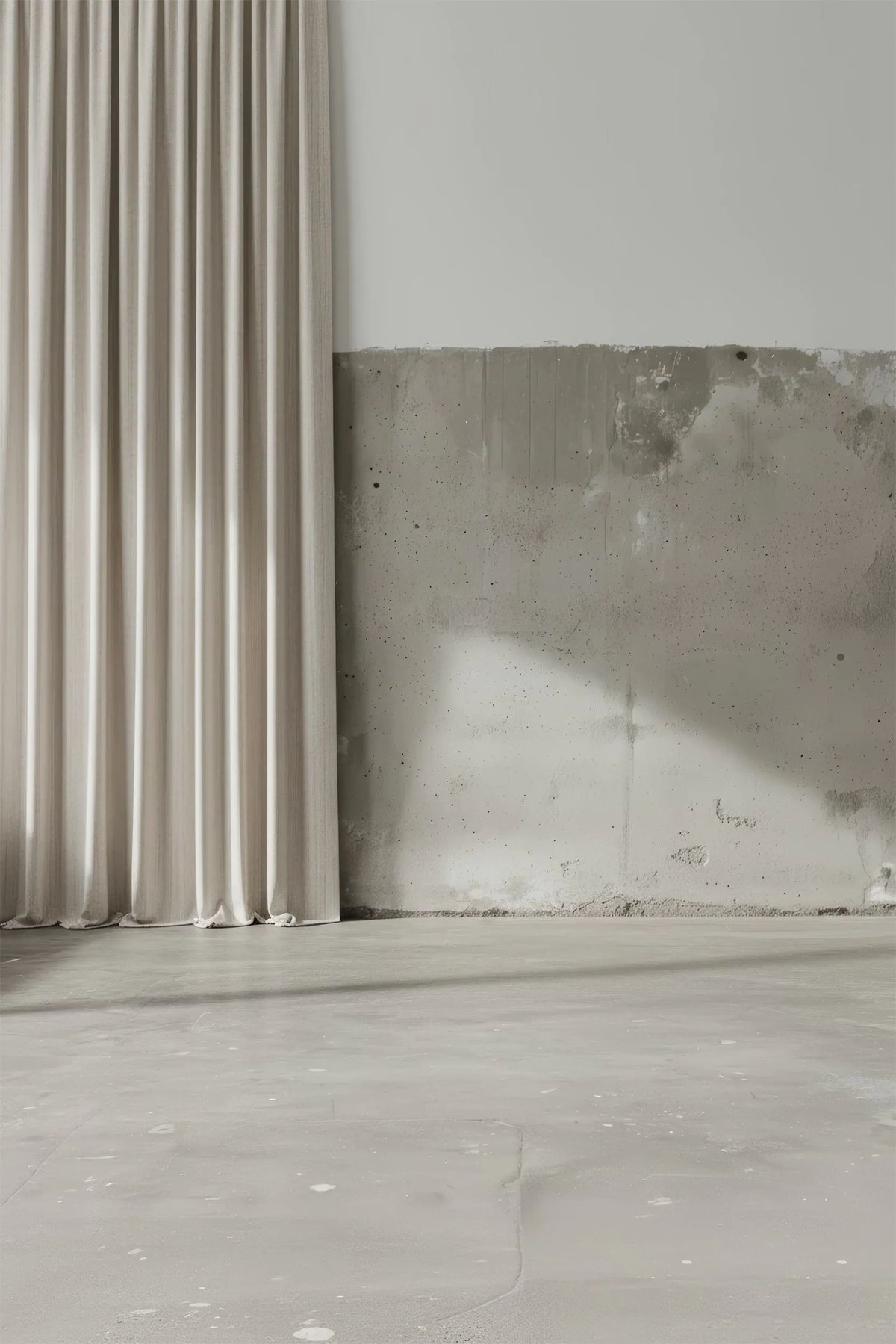 Render of a beige curtain against a half-height concrete wall washed with diagonal sunlight